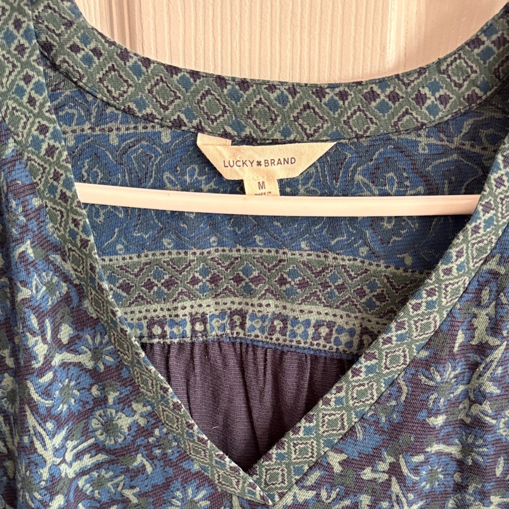 Lucky Brand Women's Teal and Navy Patterned Blouse